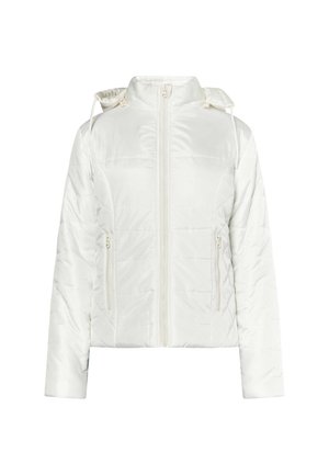 Balts quiltots ar rāvējslēdzēja priekšpusi, regulējamu kapuci un divām rāvējslēdzēju kabatām. Gluda, spīdīga auduma ar vieglu dizainu.