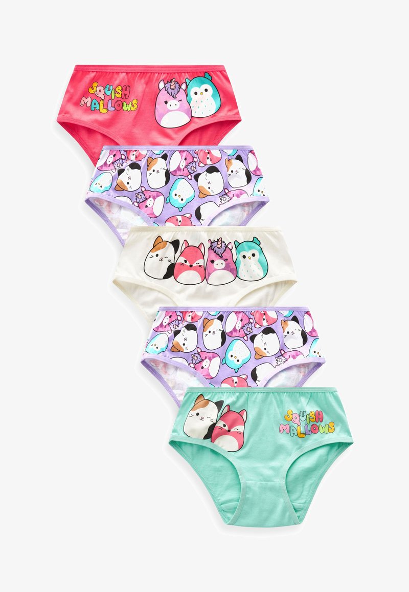 Confezione di cinque mutandine per ragazze in vari colori: rosso, lavanda, bianco e turchese, con stampe di animali dei cartoni animati e la scritta "Squish Mallows."