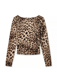 Õhukesest kangast pika varrukaga topp, millel on leopardimuster pruuni ja beeži tooni, ümar kaelus ja kohandatud lõige.