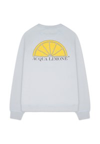 Ljusblå sweatshirt med ribbade muddar och nederkant. Har en gul citrongrafik och texten "ACQUA LIMONE" på baksidan. Mjukt material.