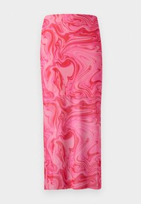 Gonna a matita con motivo marmorizzato rosa, realizzata in tessuto liscio. Forma sartoriale con una vita aderente e design lungo fino al pavimento.