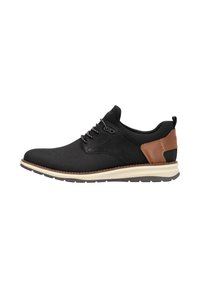 Chaussures noires avec une tige texturée, accent en cuir marron au talon, et une semelle blanche avec un profil légèrement bas, conçues pour le confort et le soutien.