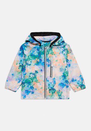 Barnejakke med hette, glidelås foran, glidelåslomme på brystet, elastiske mansjetter og flerfarget blå, grønn og ferskenfarget blomsterdesign.