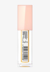 Conteneur transparent de gloss à lèvres avec un capuchon rectangulaire rose brillant. Comprend une étiquette de produit et un code-barres sur un côté. Capacité : 54 ml.