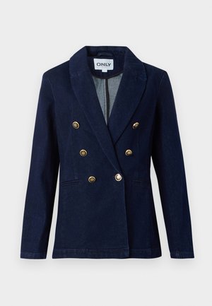 Blazer azul marino de doble botonadura con botones en tono dorado, solapa muestrada y dos bolsillos frontales. Fabricado en material de denim suave.