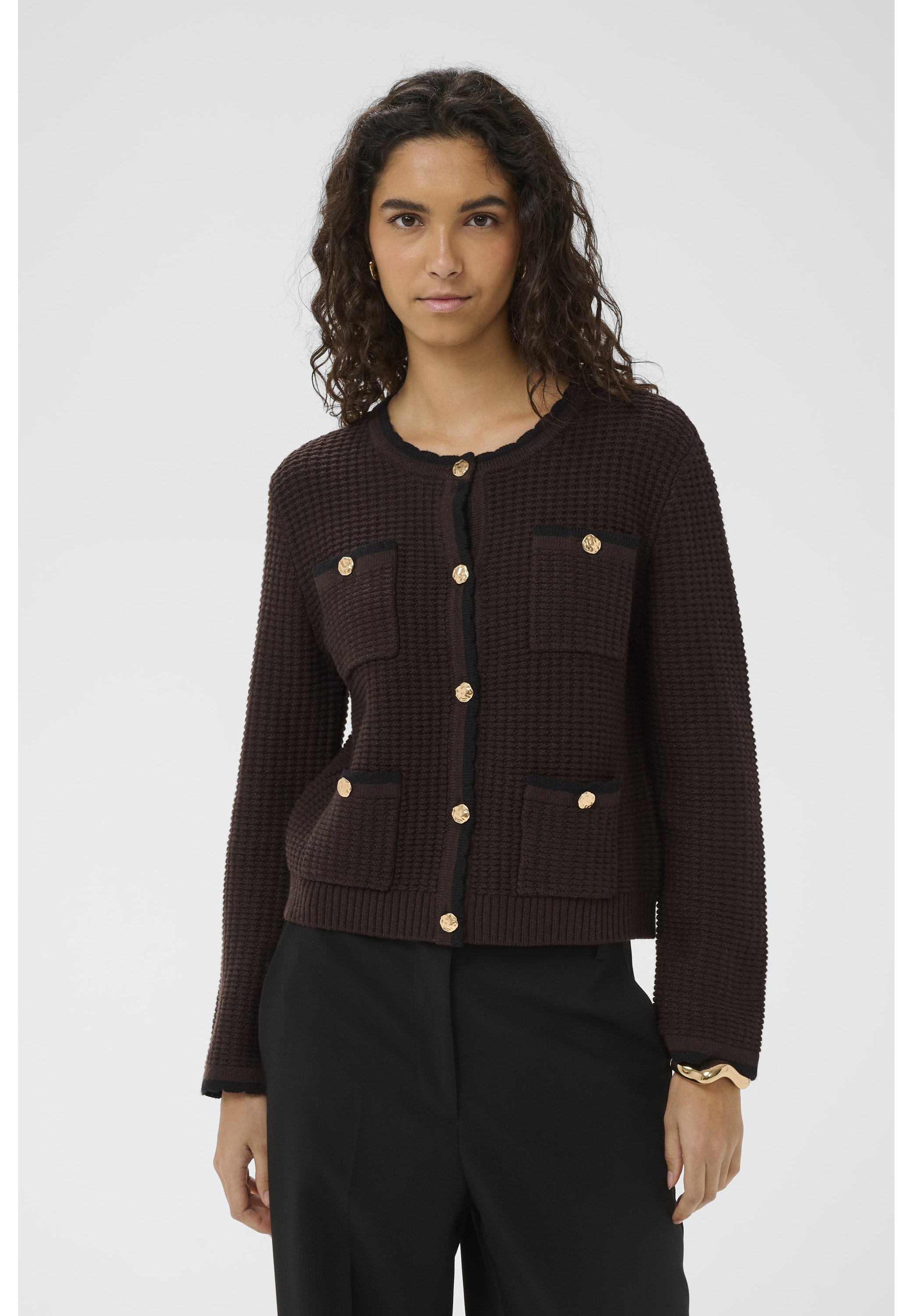 Black Premium By EMP Cardigan Donna Bordeaux Con Motivi Ornamentali Lavorati A Maglia - Collo A Cascata, 100% Poliacrilico, Lavabile