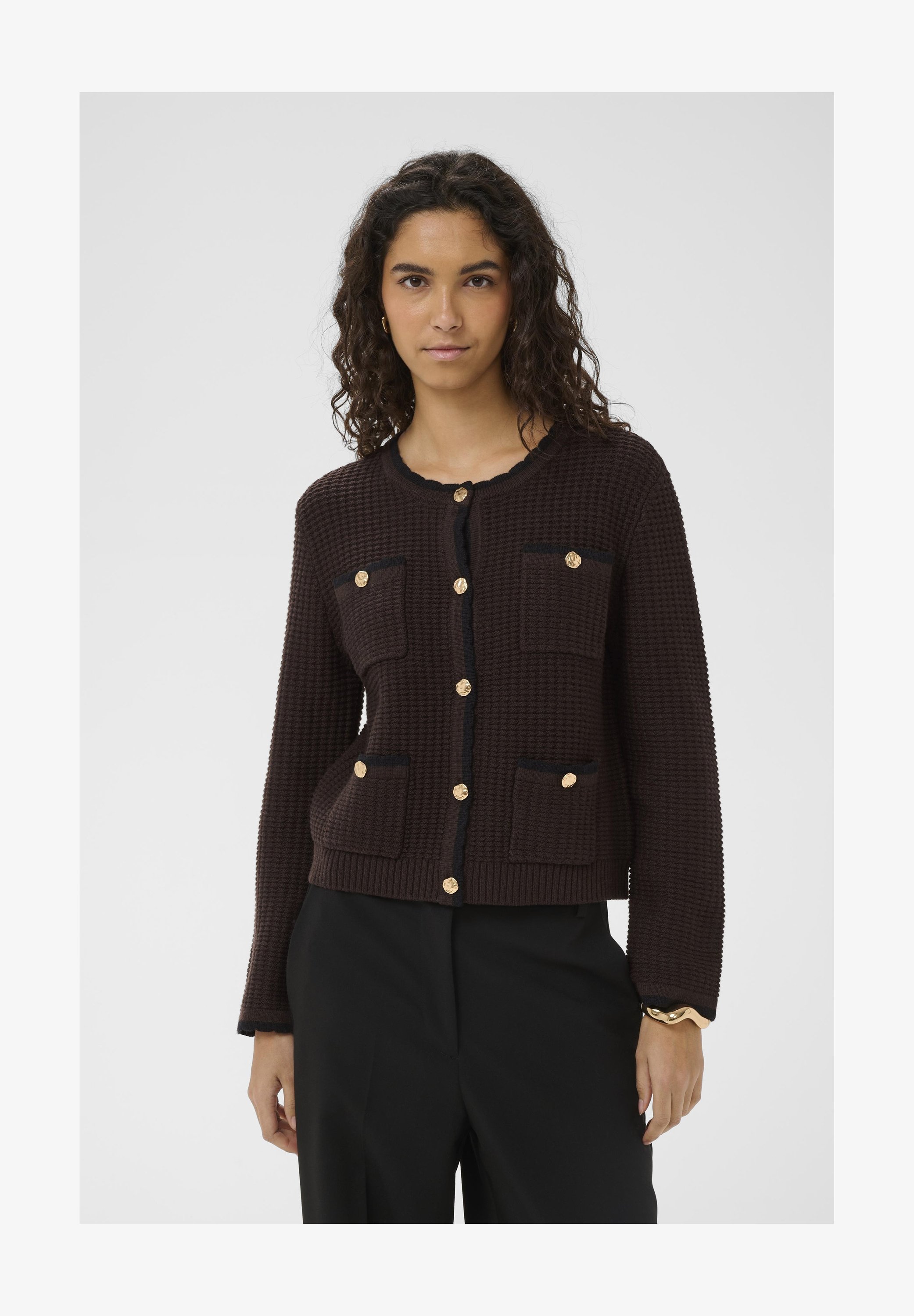 Black Premium By EMP Cardigan Donna Bordeaux Con Motivi Ornamentali Lavorati A Maglia - Collo A Cascata, 100% Poliacrilico, Lavabile