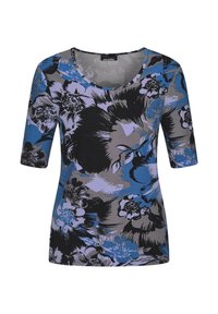 Bluse mit Blumenmuster in Blau-, Schwarz- und Grautönen, kurzärmlig. Hat einen runden Halsauschnitt und einen weichen, strukturierten Stoff.