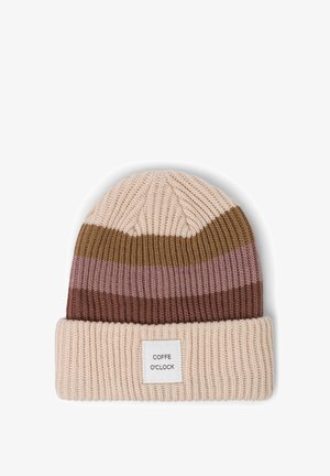 Knit beanie featuring horizontal stripes in beige, brown, burgundy, and mauve. Ribbed texture with a white label reading "COFFE O'CLOCK."
