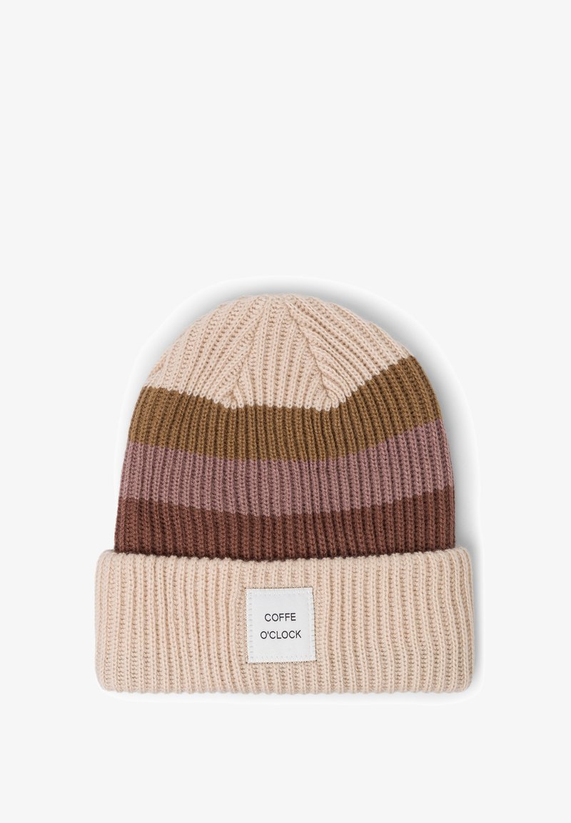 Knit beanie featuring horizontal stripes in beige, brown, burgundy, and mauve. Ribbed texture with a white label reading "COFFE O'CLOCK."