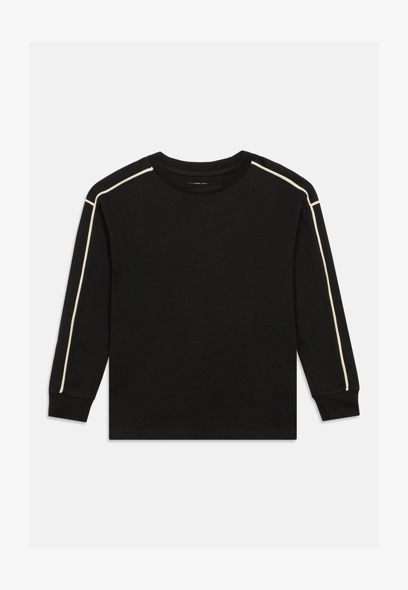 Black long-sleeve T-shirt with a crew neck, featuring contrasting light beige side stripes along the shoulders and sleeves.