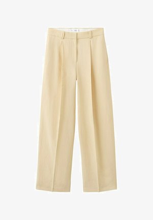 Pantalones beige de talle alto y pierna ancha con pliegues frontales, presillas para cinturón y cierre de cremallera oculto.