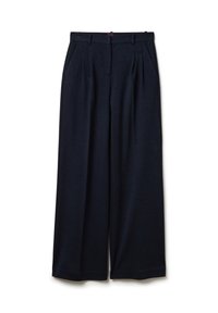 Dunkelnavyfarbene, weit geschnittene Hose aus leichtem Stoff, mit vorderen Falten, einem Taillenbund und ohne sichtbare Verzierungen.