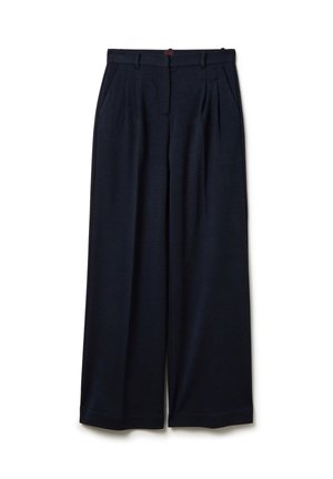 Dark navy wide-leg trousers made from a lightweight fabric, featuring front pleats, a waistband, and no visible embellishments.
