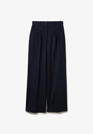Dark navy wide-leg trousers made from a lightweight fabric, featuring front pleats, a waistband, and no visible embellishments.