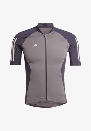 Grau und dunkelpurpur Kurzarm-Radtrikot mit einem durchgehenden Reißverschluss, drei weißen Streifen auf jeder Schulter und einem taillierten Design.