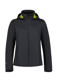 Sort softshell jakke med lynlås foran, justerbar hætte og kontrastfarvet grøn indvendig. Har sidelommer og en glat tekstur.