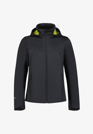 Sort softshell jakke med lynlås foran, justerbar hætte og kontrastfarvet grøn indvendig. Har sidelommer og en glat tekstur.