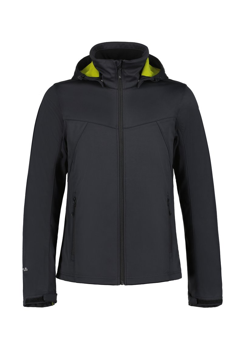 Sort softshell jakke med lynlås foran, justerbar hætte og kontrastfarvet grøn indvendig. Har sidelommer og en glat tekstur.