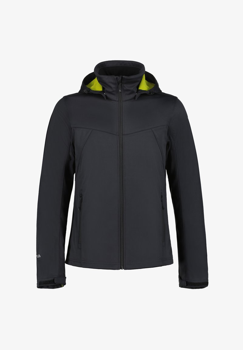 Veste softshell noire avec fermeture éclair à l'avant, capuche réglable et intérieur vert contrasté. Elle dispose de poches latérales et d'une texture lisse.