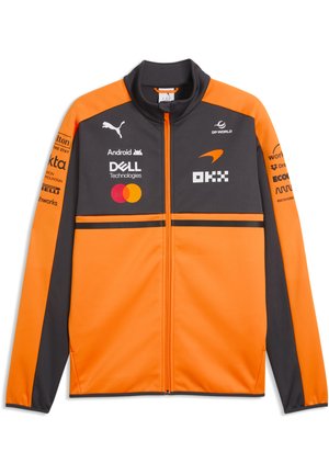 Giacca arancione e grigio scuro con zip con loghi degli sponsor tra cui Puma, Android, Dell, Mastercard e il marchio del team di corse McLaren.