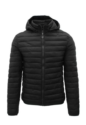 Giacca imbottita nera trapuntata con cappuccio, cerniera frontale completa e due tasche laterali con zip, progettata per il clima freddo.