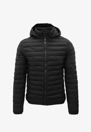 Giacca imbottita nera trapuntata con cappuccio, cerniera frontale completa e due tasche laterali con zip, progettata per il clima freddo.