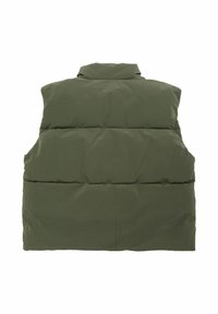 Olivgrüner Puffer-Weste, ärmellos, mit hohem Kragen und horizontalem, gestepptem Muster. Leichter Stoff mit glatter Textur.