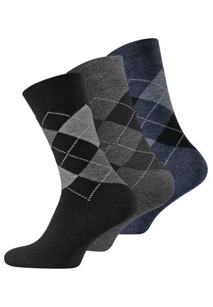 Three pairs of socks featuring argyle patterns in grey, black, and navy colors. Made of smooth material with reinforced heels and toes.