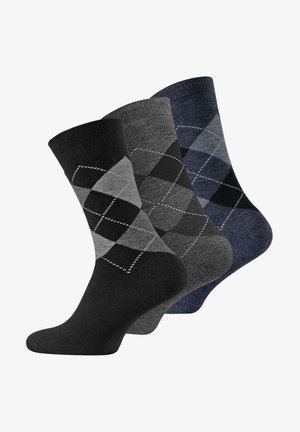 Tre paia di calze con motivi argyle nei colori grigio, nero e blu navy. Realizzate in materiale morbido con talloni e punte rinforzati.
