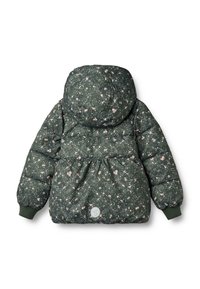 Chaqueta acolchada verde con estampado floral, capucha, tela texturizada, puños elásticos y un pequeño logo. Diseñada para proporcionar calidez y comodidad.