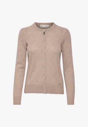 Cardigan beige avec un col rond, une fermeture à boutons sur le devant et des manches longues. Texture douce avec un léger effet côtelé. Équipé de boutons colorés.