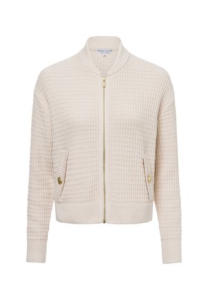 Cardigan zippé en maille couleur crème avec motif carré texturé, poignets, col en côtes et deux poches avant avec boutons dorés.