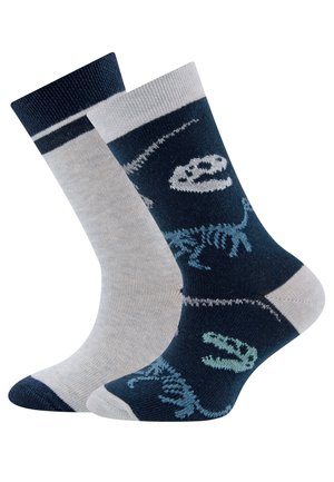 Strick-Socken aus Baumwolle, eine grau mit weißen Akzenten, die andere marineblau mit Dinosaurier-Mustern in Blau und Grün. Gerippte Bündchen, Knöchellänge.