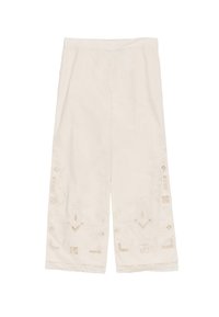 Beige wijde broek gemaakt van een textuurstof, met verfijnde borduursels langs de zoom en zijpanelen in een bijpassende tint.