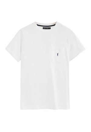 Weißes T-Shirt mit kurzen Ärmeln, Rundhalsausschnitt, Brusttasche und kleiner schwarzer Polospieler-Stickerei auf der Tasche.
