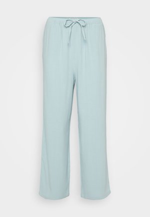 Light blue, wide-leg lounge pants with a drawstring waistband. Made from a soft, breathable fabric with a smooth texture.