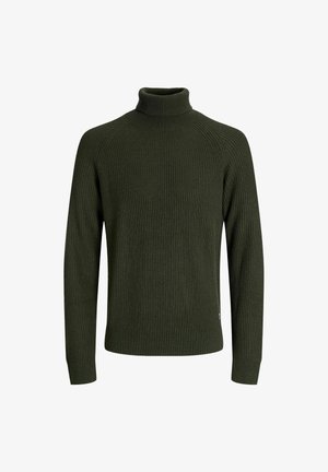 Maglione a collo alto a coste di un verde scuro, dotato di maniche lunghe e un design aderente, realizzato in un materiale lavorato a maglia.
