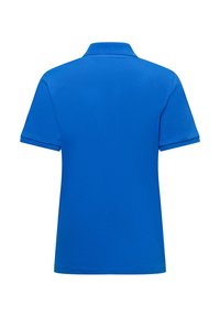 Blauwe polo shirt, korte mouwen, platte gebreide kraag, zachte katoenstof, rechte zoom, geen zichtbare logo's of patronen.