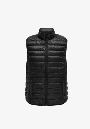 Chaleco negro acolchado con un alto cuello, cierre de cremallera frontal y bolsillos laterales. El material es brillante y presenta secciones acolchadas horizontales.