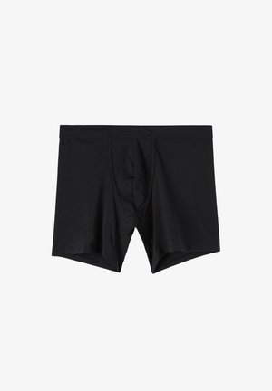 Boxer briefs neri realizzati in tessuto liscio, con un elastico in vita e una tasca sagomata per il supporto, dal taglio classico e senza motivi visibili.