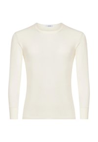 Maglietta a maniche lunghe color crema in maglia, con scollo rotondo, texture liscia, design aderente e polsini senza cuciture. Nessun motivo o dettaglio aggiuntivo.
