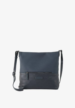 Borsa a spalla blu navy con parte superiore in tessuto liscio e fondo in pelle texturizzata. Presenta una tasca con zip frontale e tracolla regolabile.