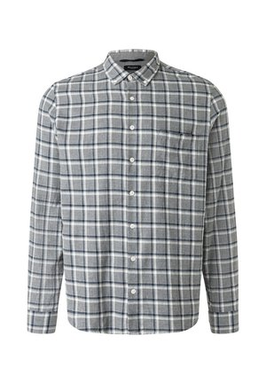 Grau-weiße karierte Hemd aus weichem Stoff. Verfügt über einen Button-down-Kragen, eine Brusttasche und sechs Knöpfe auf der Vorderseite. Lange Ärmel.