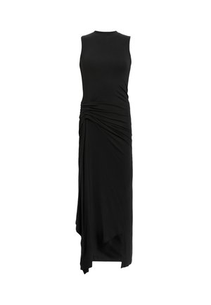 Zwarte mouwloze jurk met een ronde hals, gerimpelde details bij de taille, een flowy silhouet en een asymmetrische zoom. Zacht textiel.