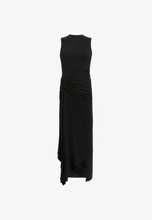 Robe noire sans manches avec un col rond, des détails froncés à la taille, une silhouette fluide et un ourlet asymétrique. Tissu doux.