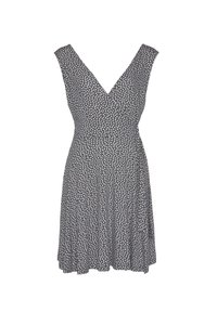 Kleid mit V-Ausschnitt, tailliertem Oberteil und schwingendem Rock. Hergestellt aus navy-blauem Stoff mit einem kleinen, hellen Muster. Ärmelloses Design.