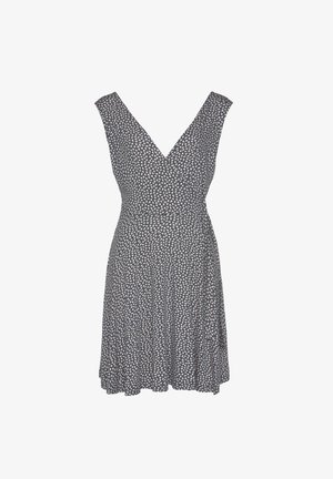 Kleid mit V-Ausschnitt, tailliertem Oberteil und schwingendem Rock. Hergestellt aus navy-blauem Stoff mit einem kleinen, hellen Muster. Ärmelloses Design.