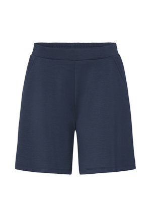 Pantalones cortos azul marino con cintura elástica y bolsillos laterales, de longitud hasta la rodilla, hechos de tela suave, mostrados sobre fondo blanco.