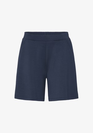 Pantalones cortos azul marino con cintura elástica y bolsillos laterales, de longitud hasta la rodilla, hechos de tela suave, mostrados sobre fondo blanco.